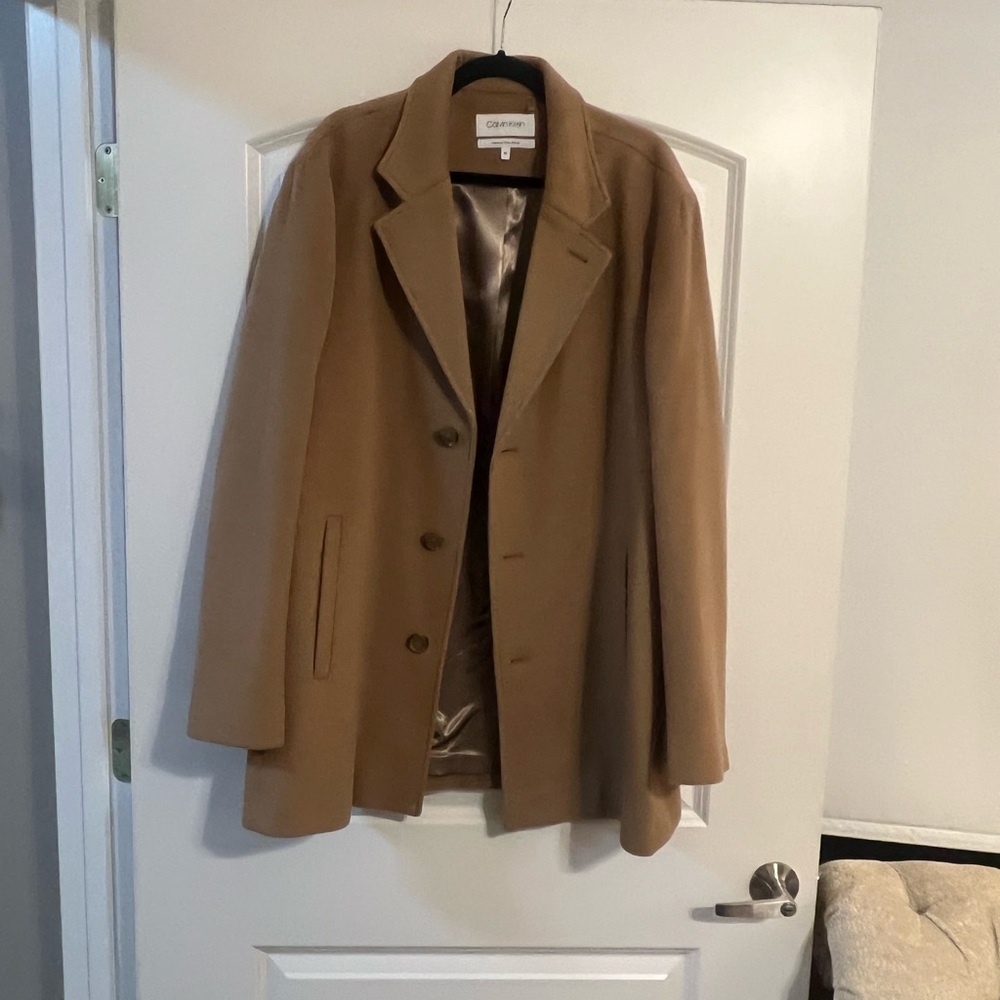 Men’s cashmere blend tan winter coat .